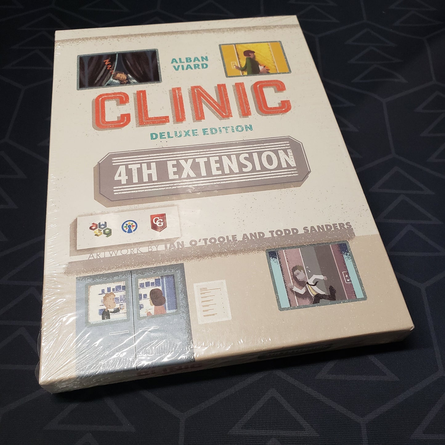 Image shows the front of the box for the 4th Extension expansion for the board game Clinic: Deluxe Edition