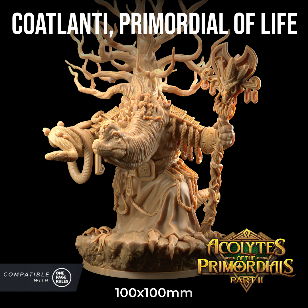 Image shows a 3D render of brontosaurus god gaming miniature, holding a staff and snake, with a tree coming our of their back
