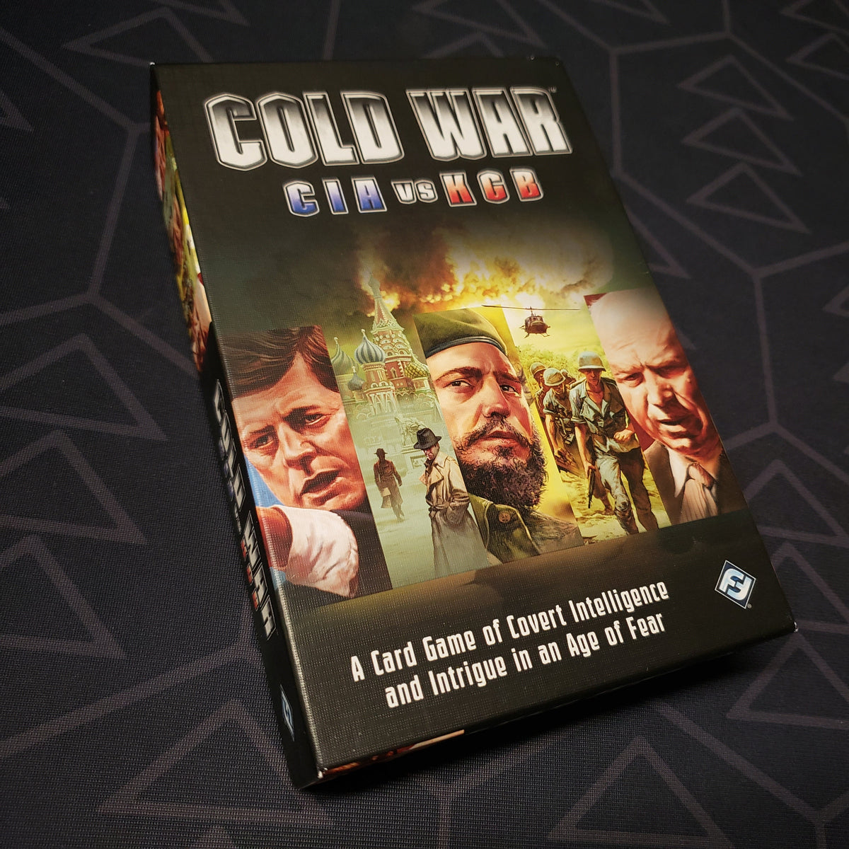 Image shows the front cover of the box of the Cold War: CIA vs KGB card game