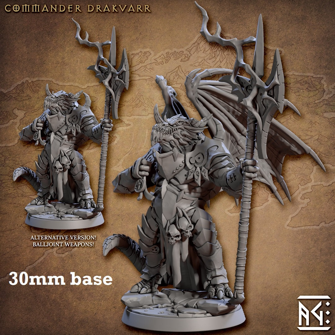 Image shows 3D renders of two sculpt options for a dragonborn knight gaming miniature.