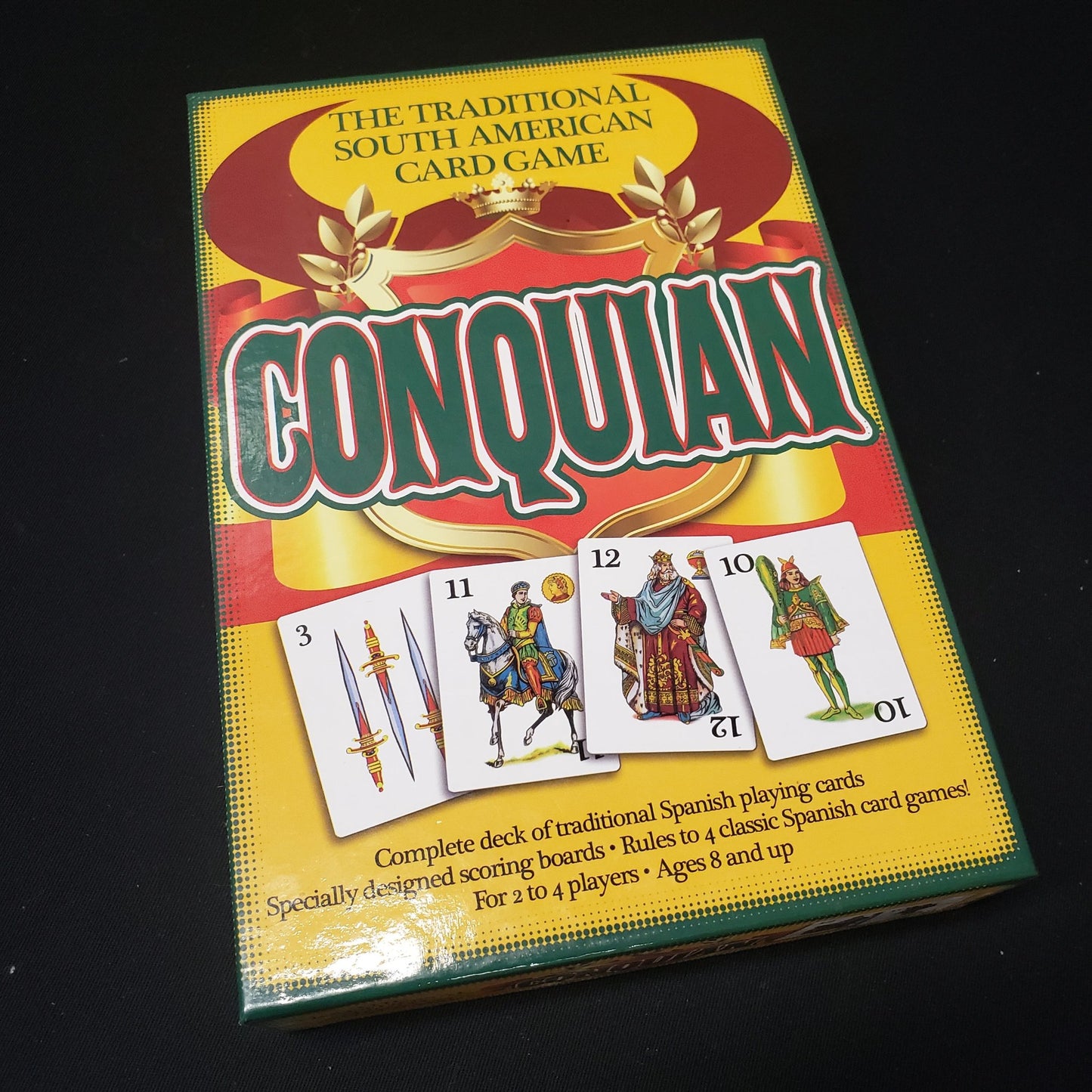 Image shows the front cover of the box of the Conquian card game