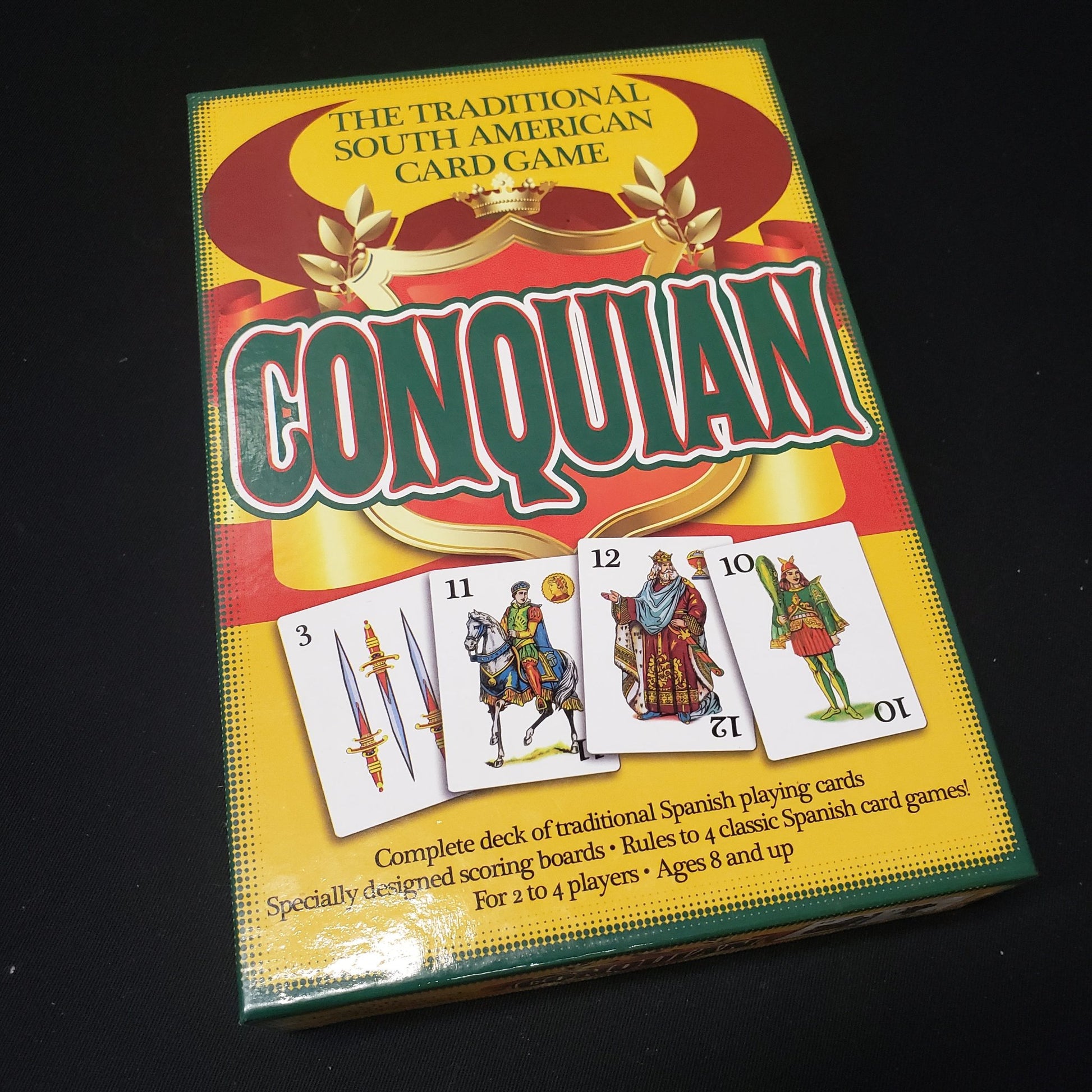 Image shows the front cover of the box of the Conquian card game
