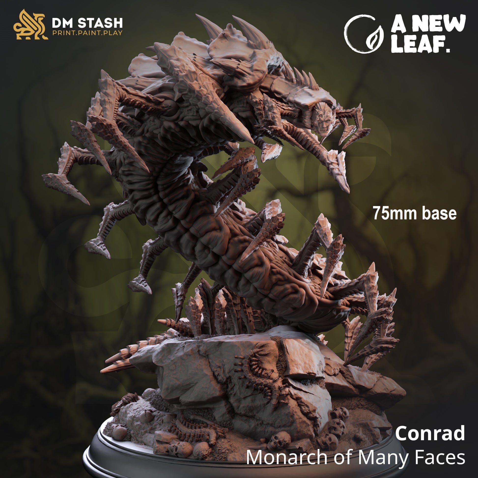 Image shows an 3D render of a monstrous centipede gaming miniature with the face of a fey