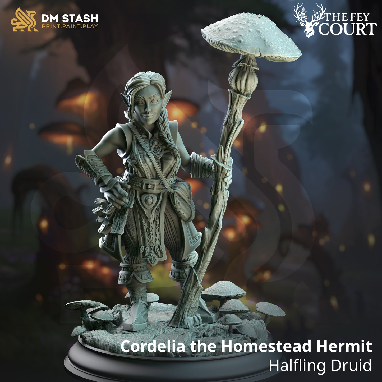 Image shows a 3D render of a halfling druid gaming miniature.