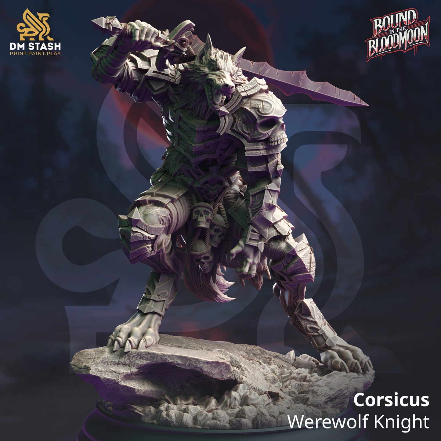 Image shows a 3D render of an werewolf knight gaming miniature