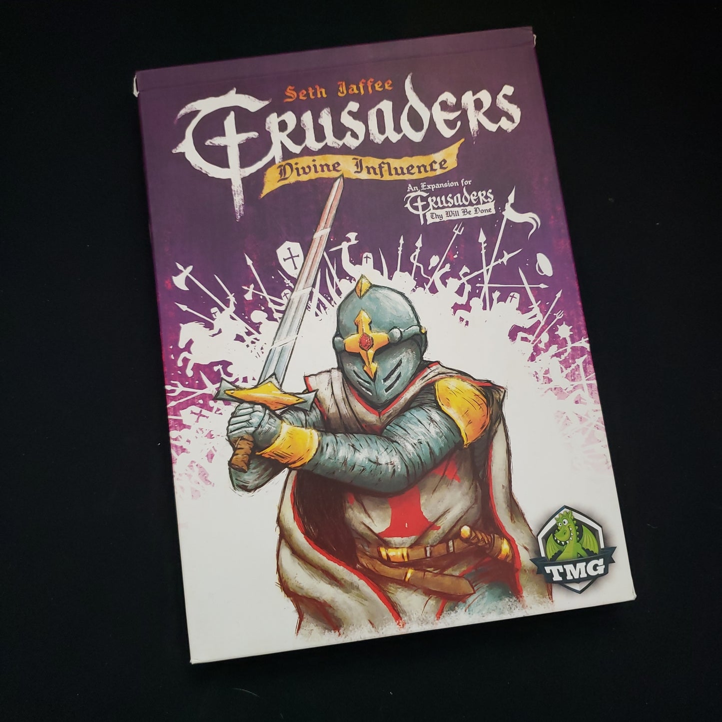 Image shows the front cover of the box of the Divine Influence expansion for the board game Crusaders: Thy Will be Done