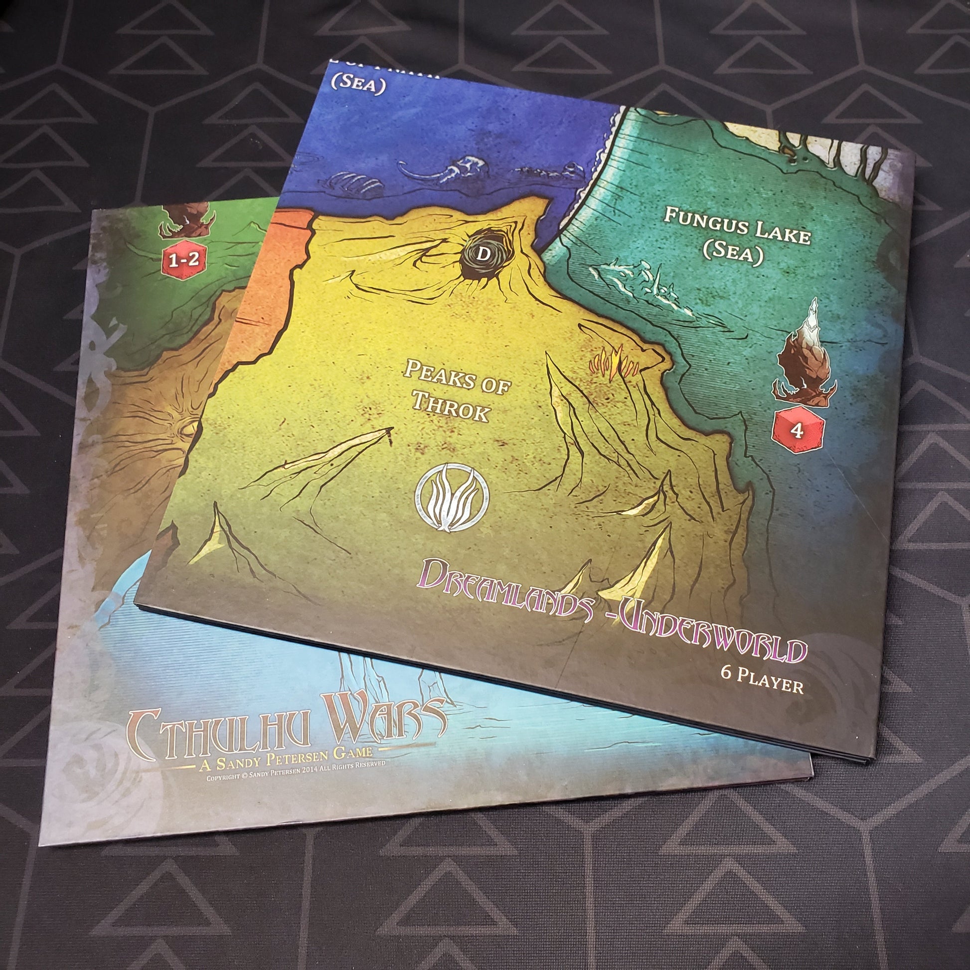 Image shows the two boards that make up the Six to Eight Player Dreamlands Map expansion for the board game Cthulhu Wars