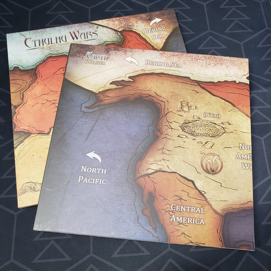 Image shows the two boards that make up the Six to Eight Player Earth Map expansion for the board game Cthulhu Wars