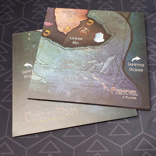 Image shows the two boards that make up the Six to Eight Player Primeval Earth Map expansion for the board game Cthulhu Wars