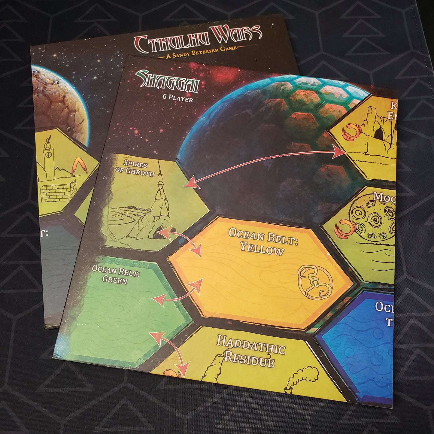 Image shows the two boards that make up the Six to Eight Player Shaggai Map expansion for the board game Cthulhu Wars