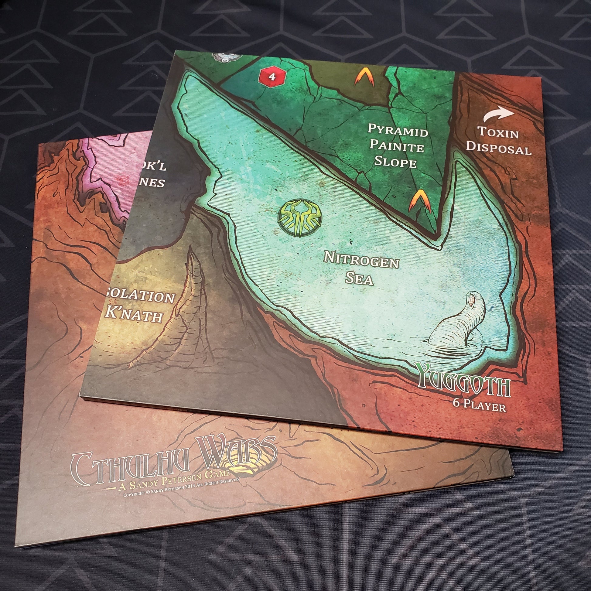 Image shows the two boards that make up the Six to Eight Player Yuggoth Map expansion for the board game Cthulhu Wars