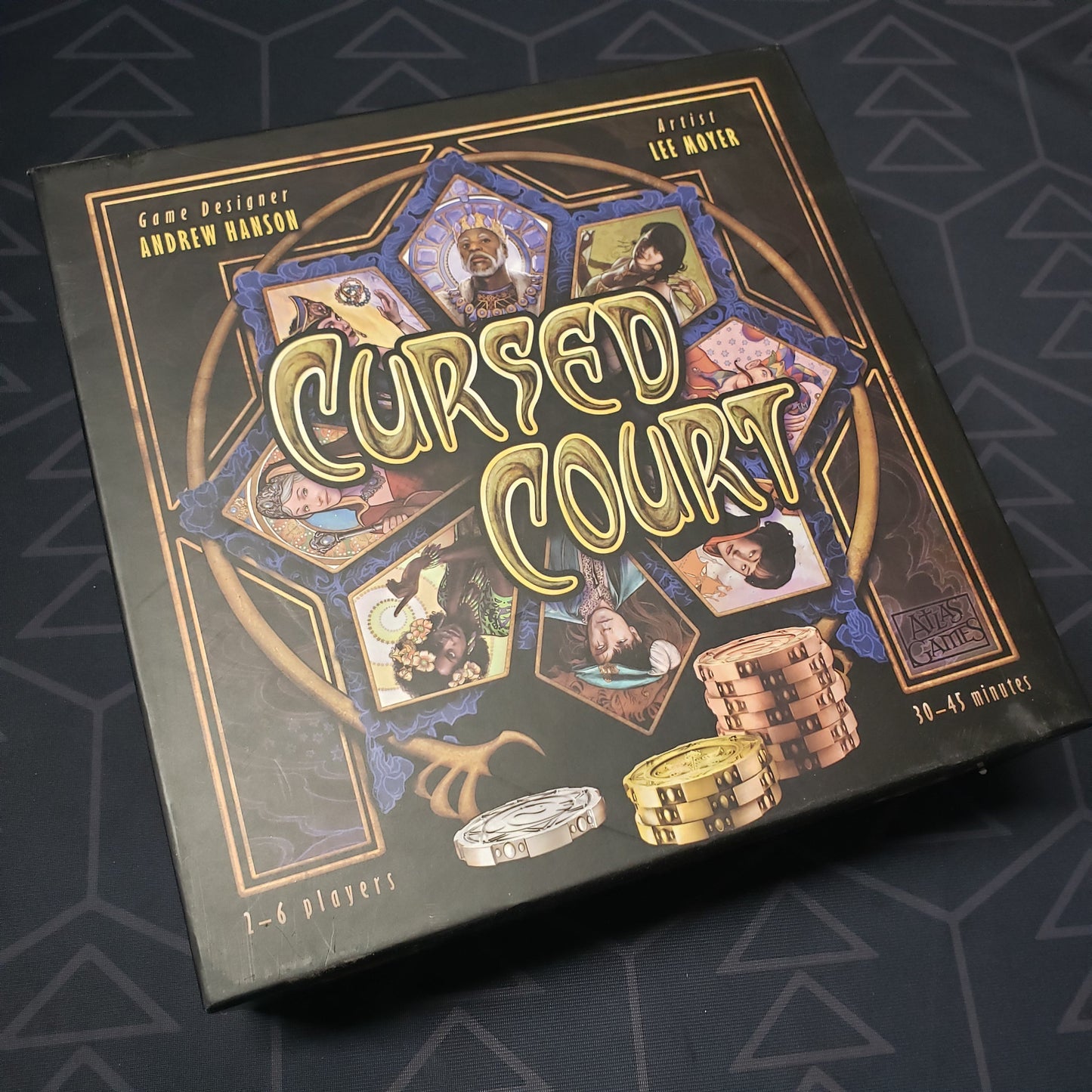 Image shows the front cover of the box for the Cursed Court board game