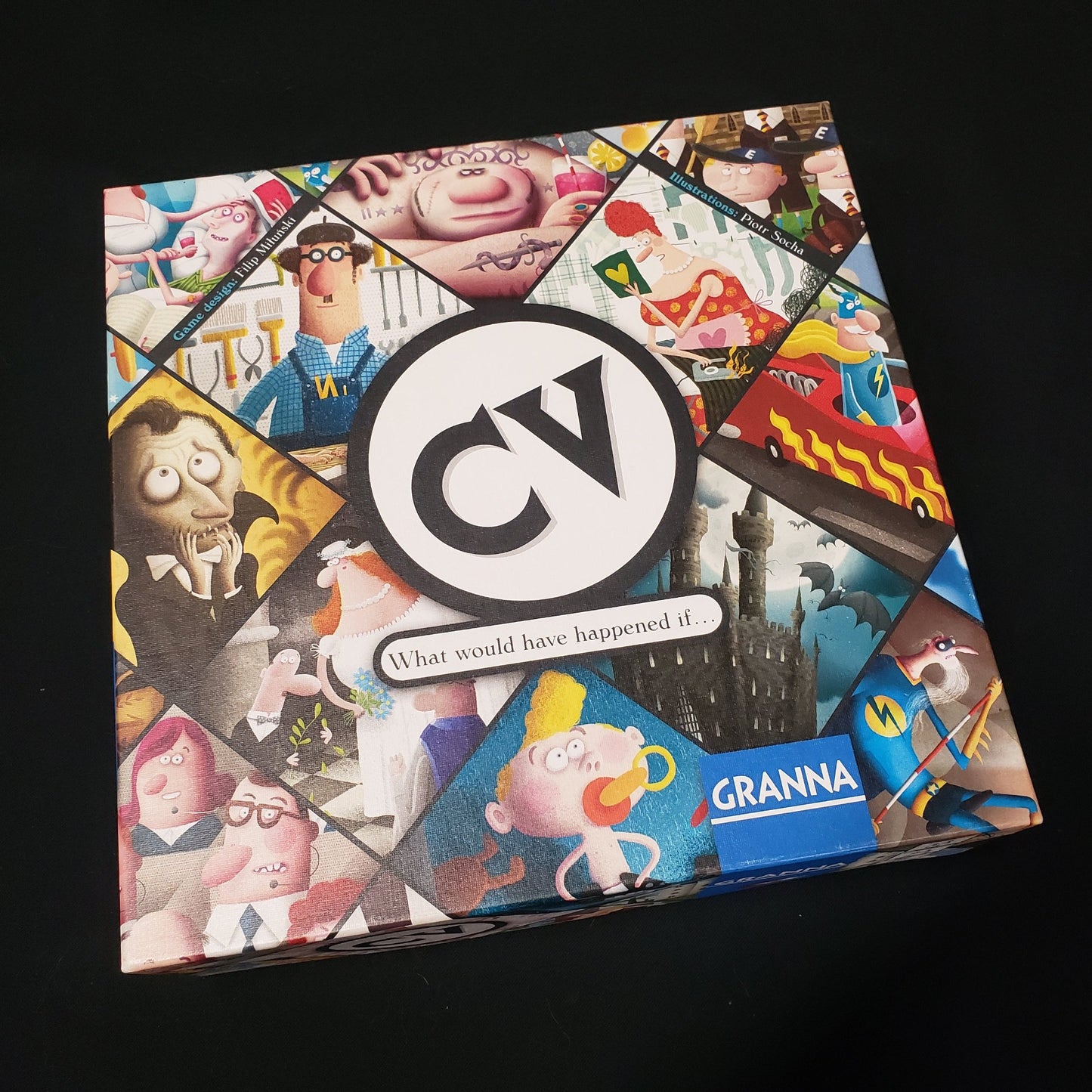 Image shows the front cover of the box of the CV board game