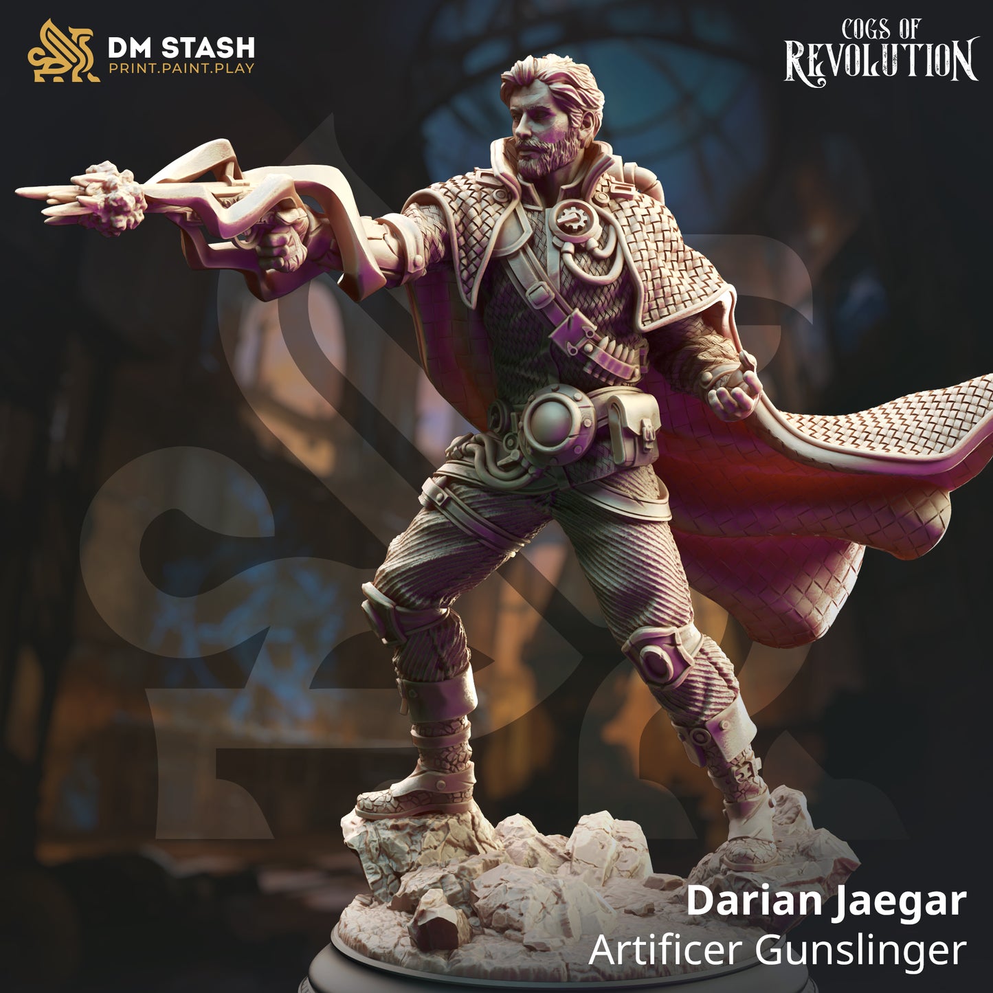 Image shows a 3D render of a steampunk human gunslinger gaming miniature.