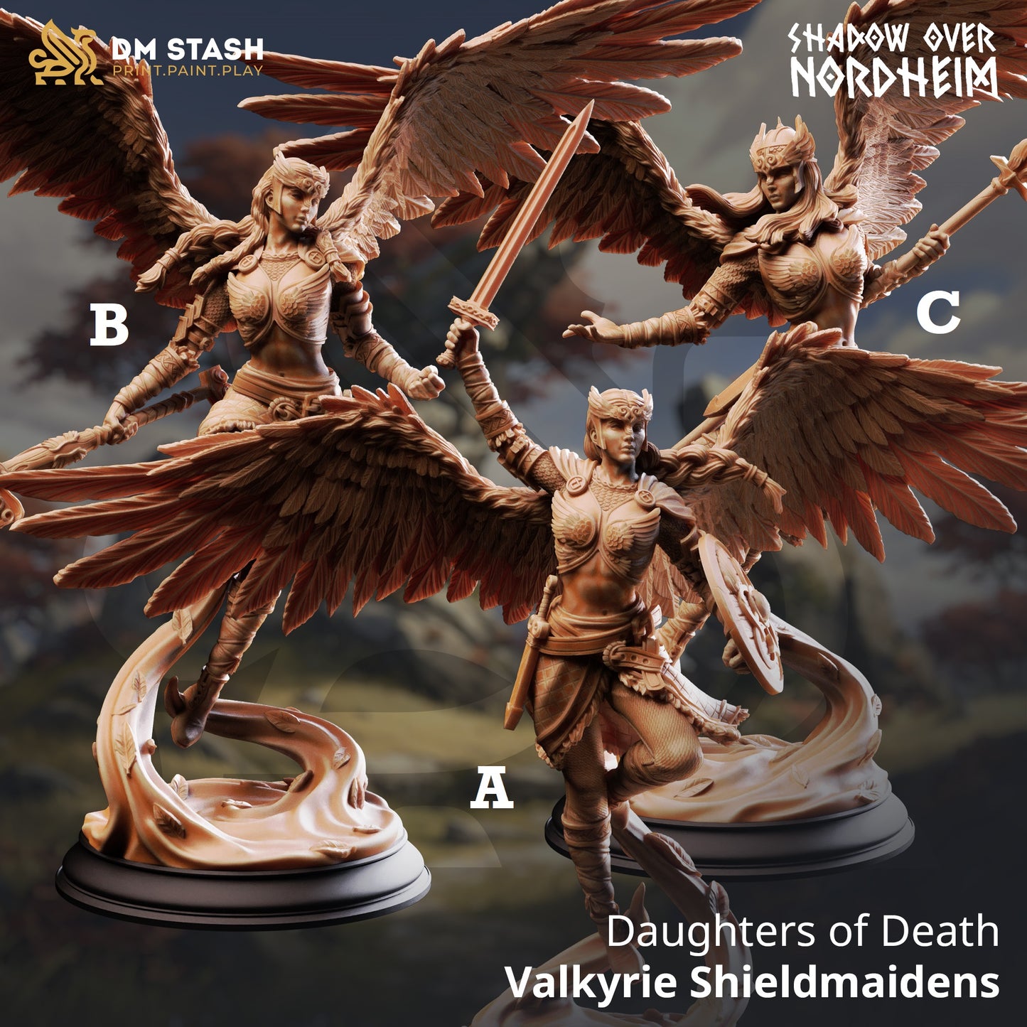Image shows 3D renders for three different sculpt options of a valkyrie warrior gaming miniature.
