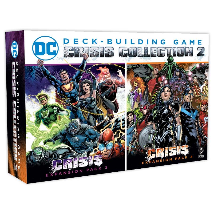 Image shows the front cover of the box of the Crisis Collection 2 expansions for the DC Comics Deckbuilding Game