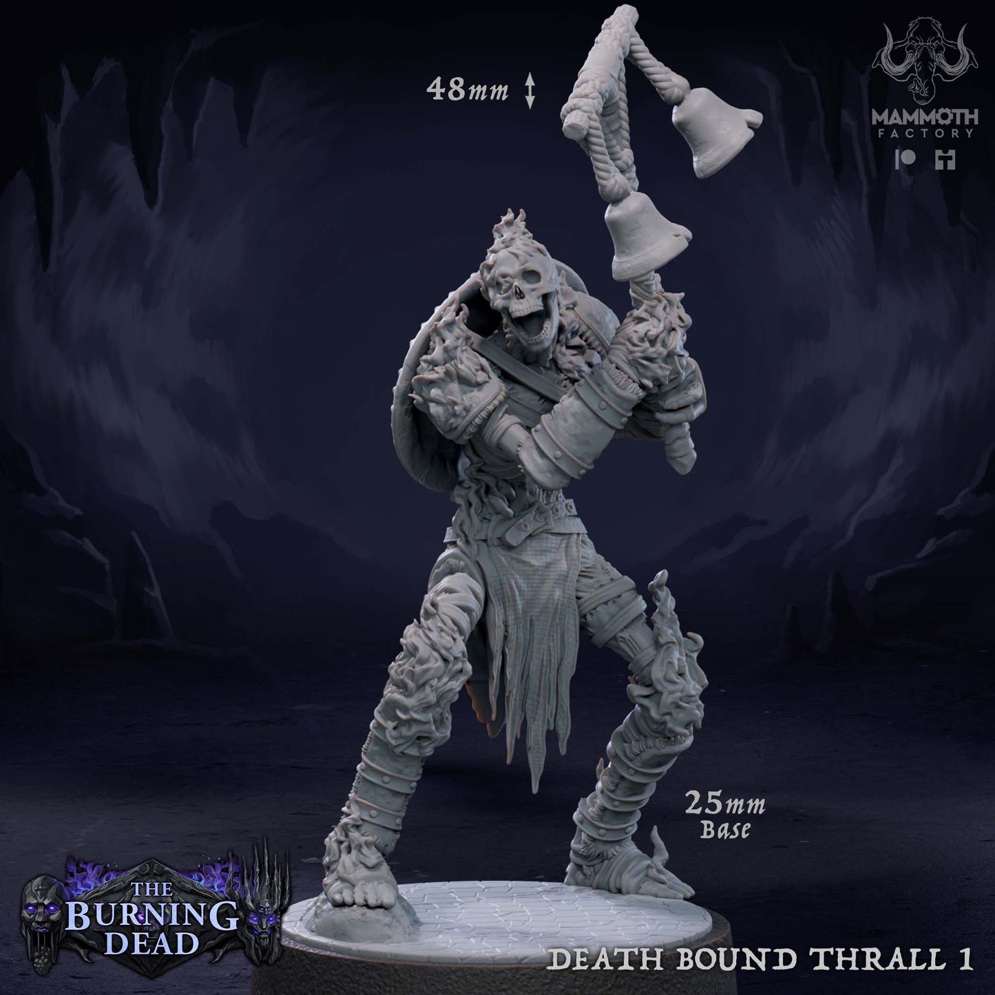 Image shows a 3D render of a flaming skeleton bellringer gaming miniature
