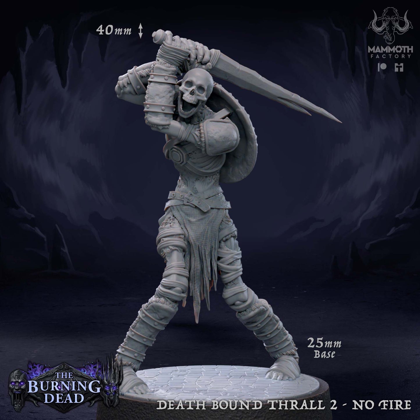 Image shows a 3D render of a skeleton warrior gaming miniature.