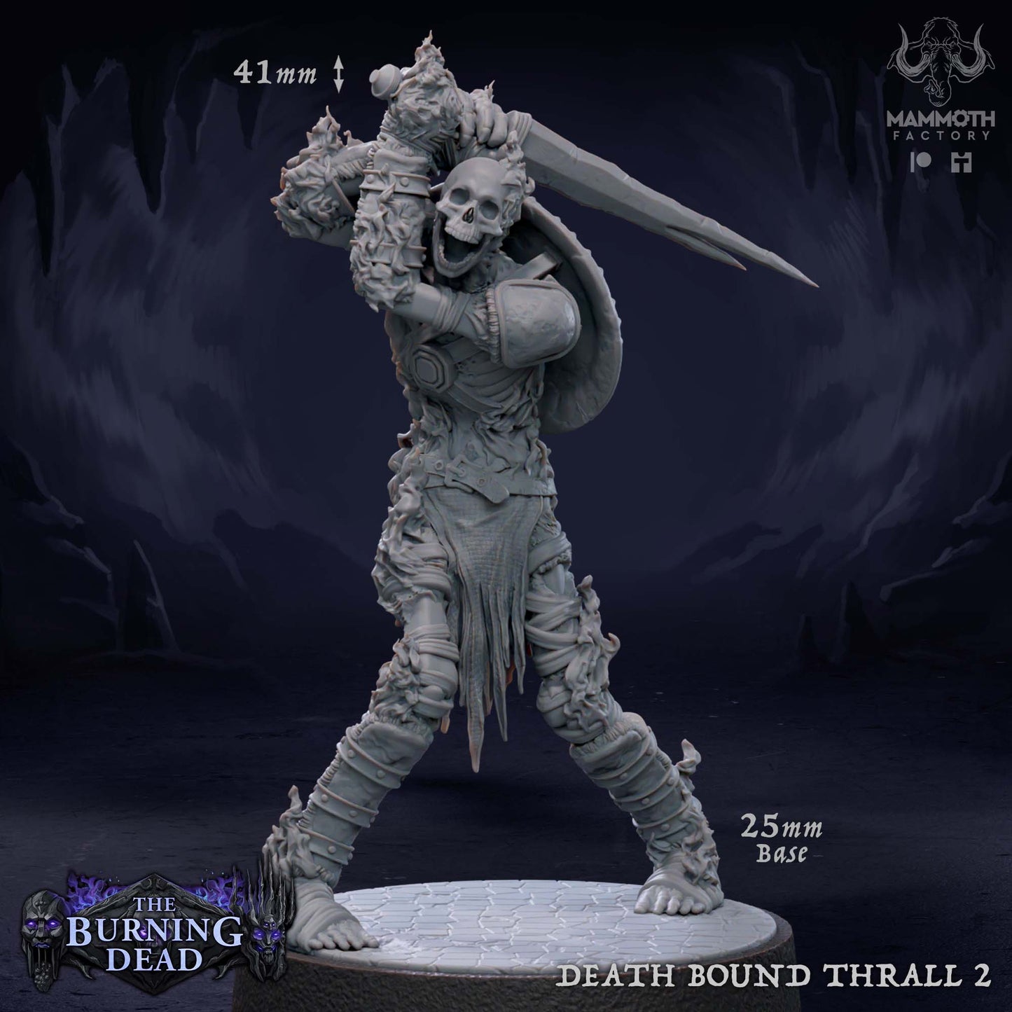 Image shows a 3D render of a flaming skeleton warrior gaming miniature.