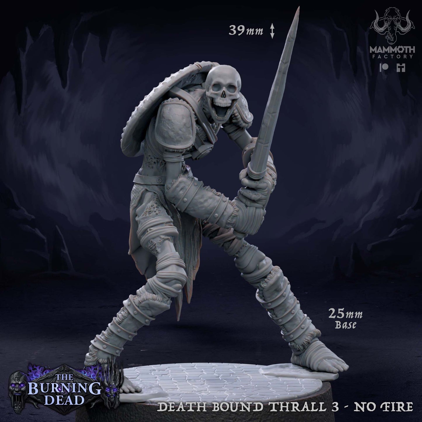 Image shows a 3D render of a skeleton warrior gaming miniature.