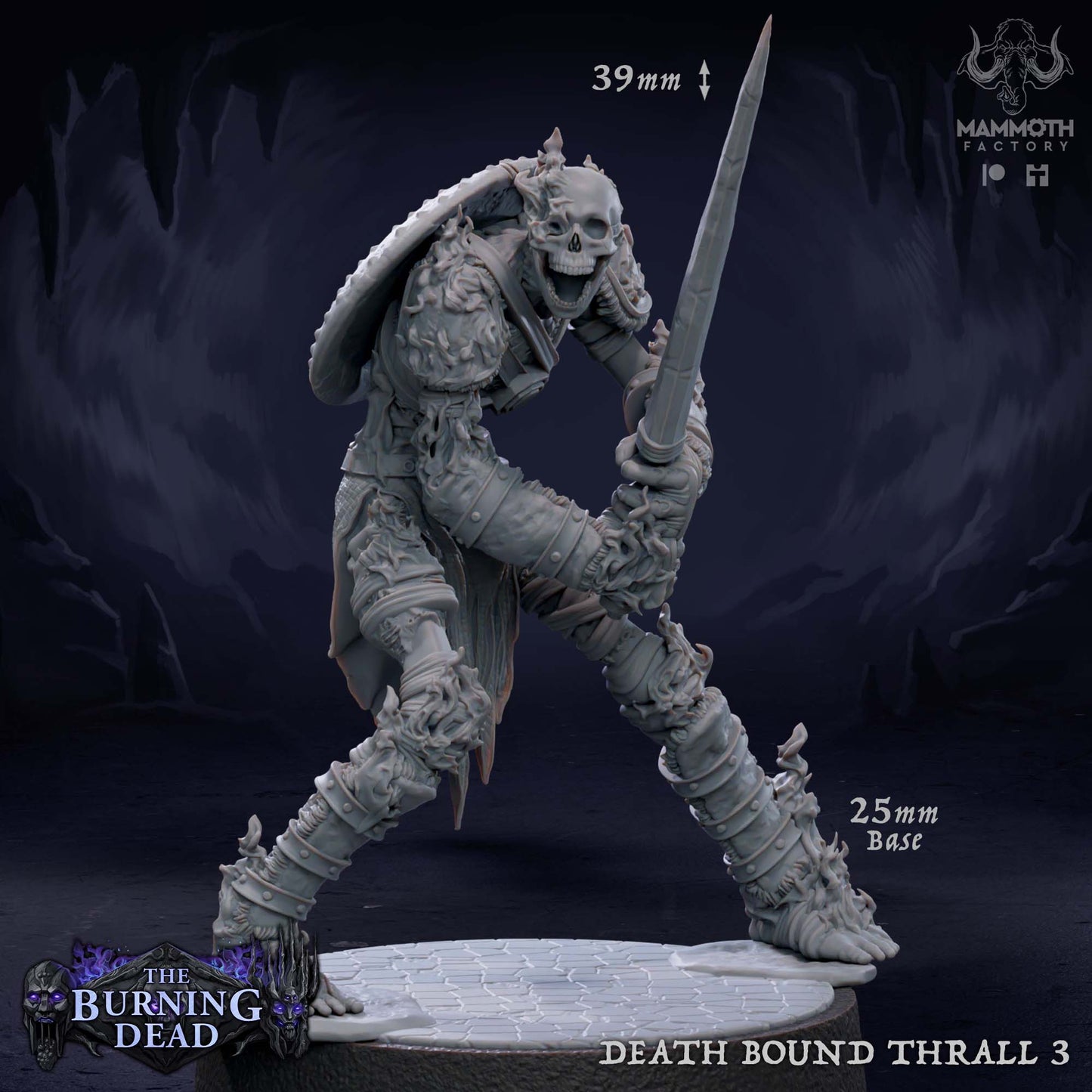 Image shows a 3D render of a flaming skeleton warrior gaming miniature.