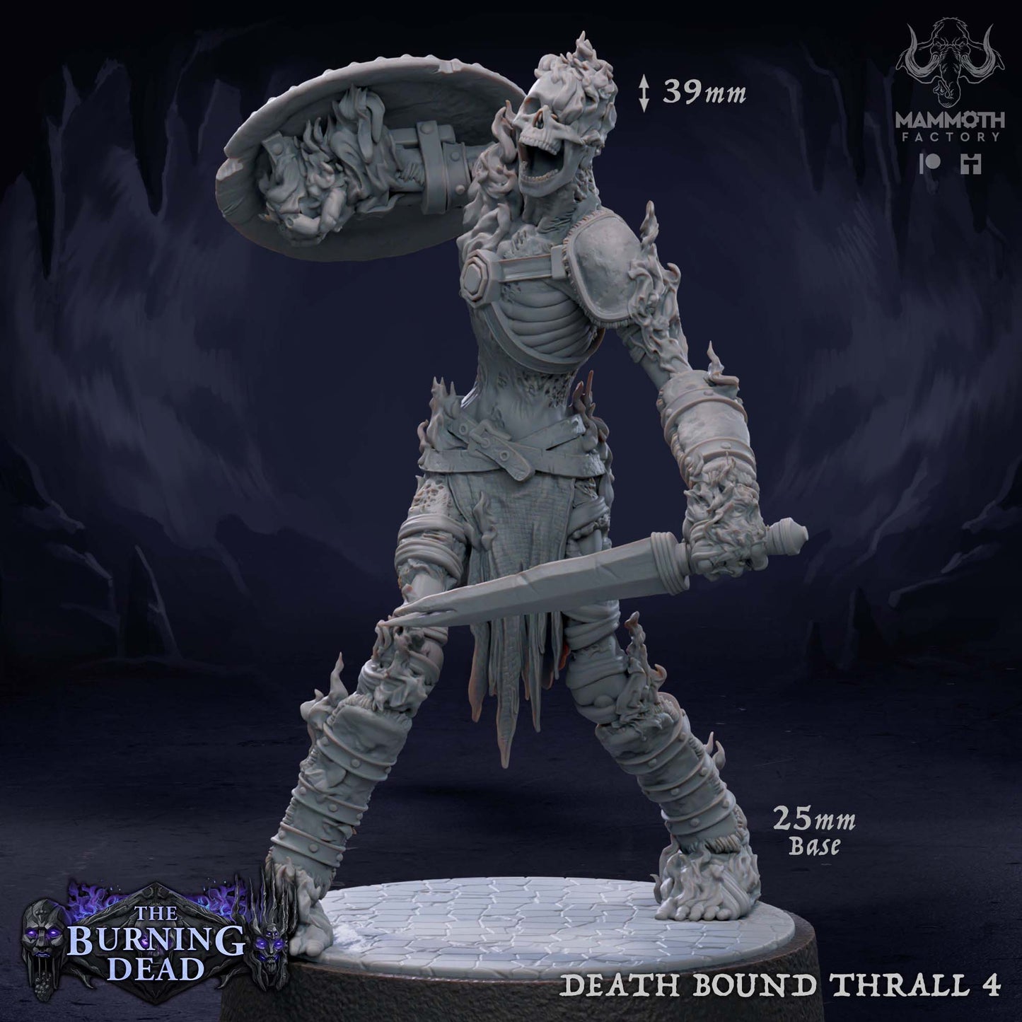 Image shows a 3D render of a flaming skeleton warrior gaming miniature.