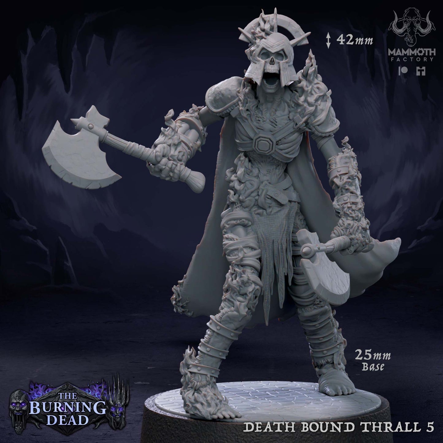 Image shows a 3D render of a flaming skeleton commander gaming miniature.
