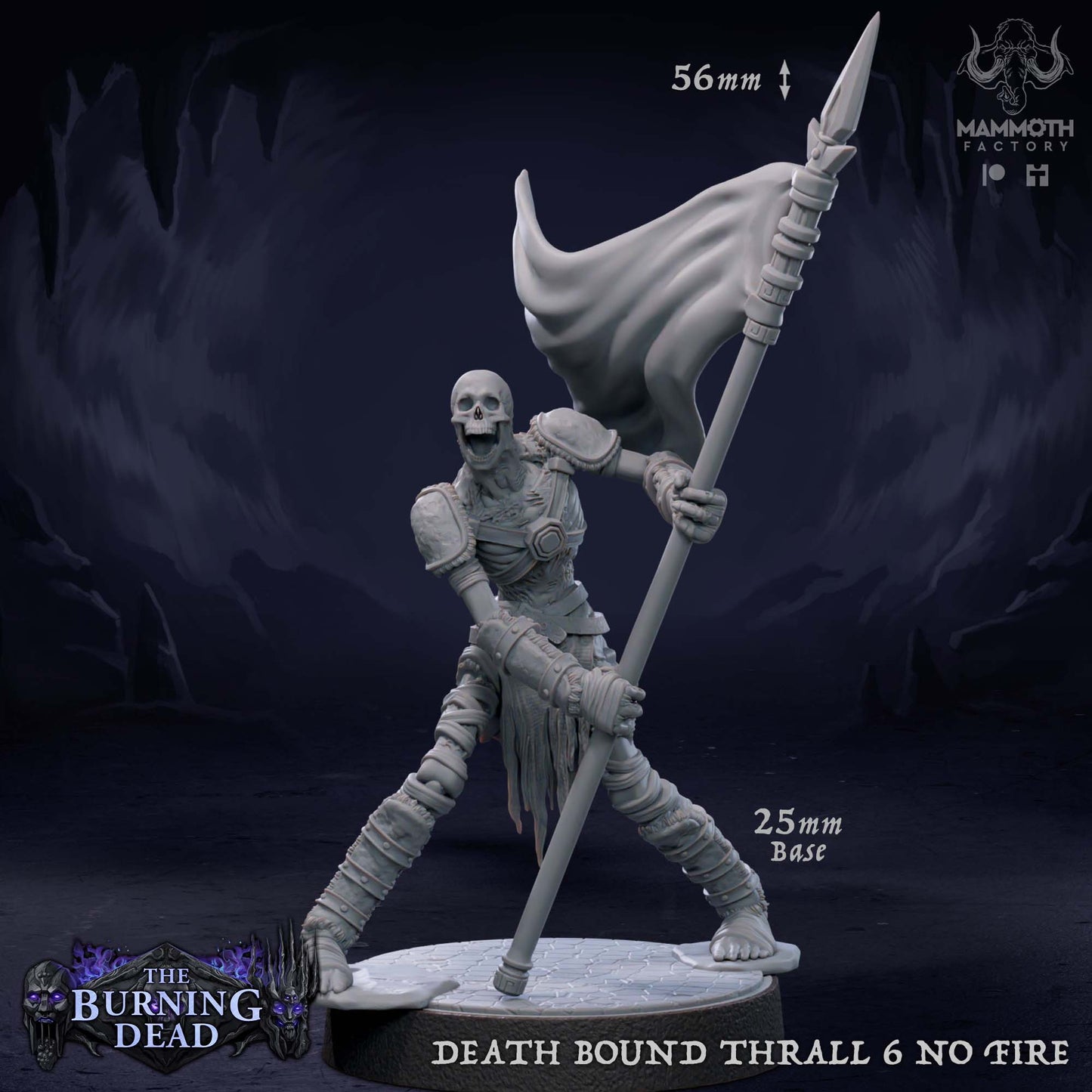Image shows a 3D render of a skeleton bannerman gaming miniature.