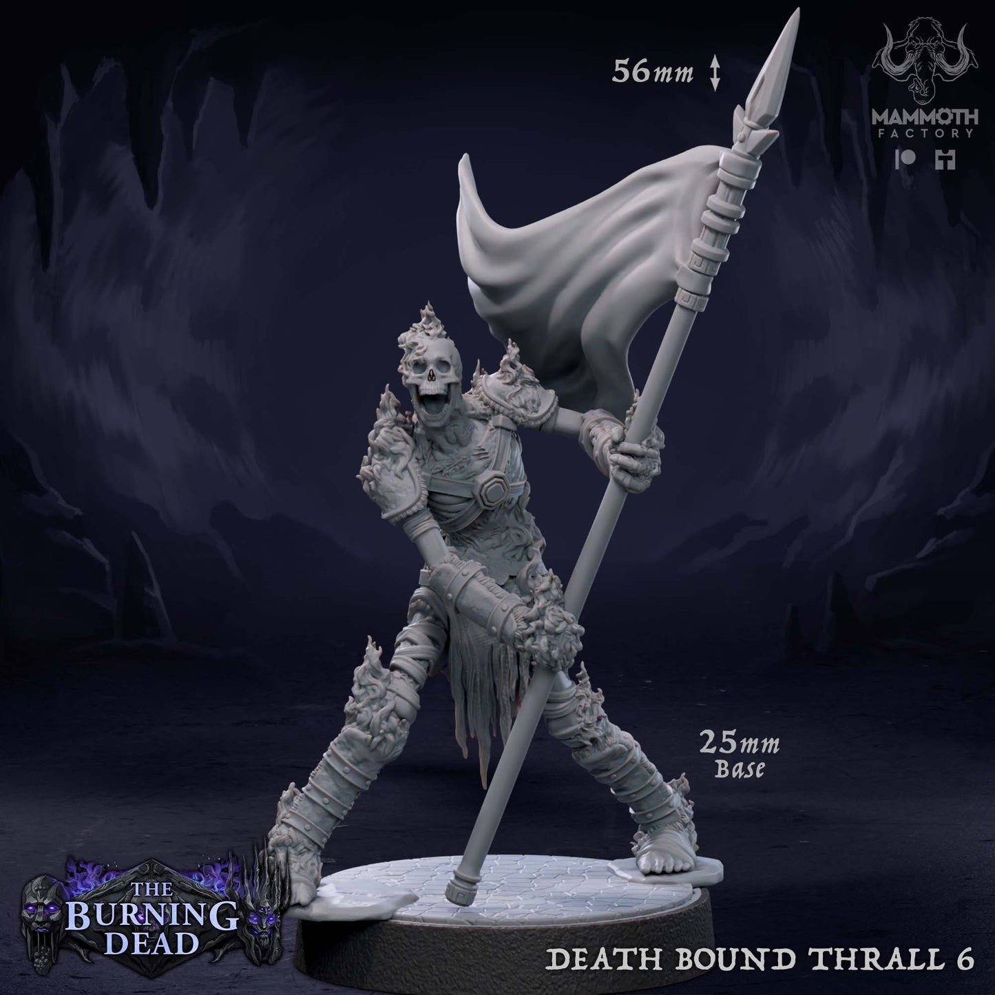 Image shows a 3D render of a flaming skeleton bannerman gaming miniature.