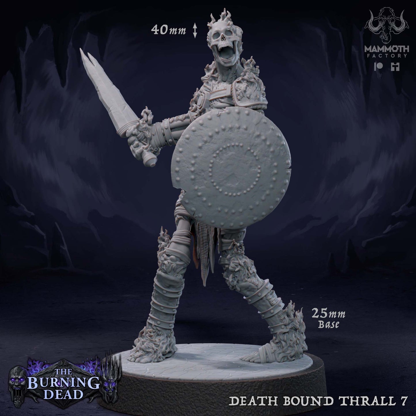 Image shows a 3D render of a flaming skeleton warrior gaming miniature.