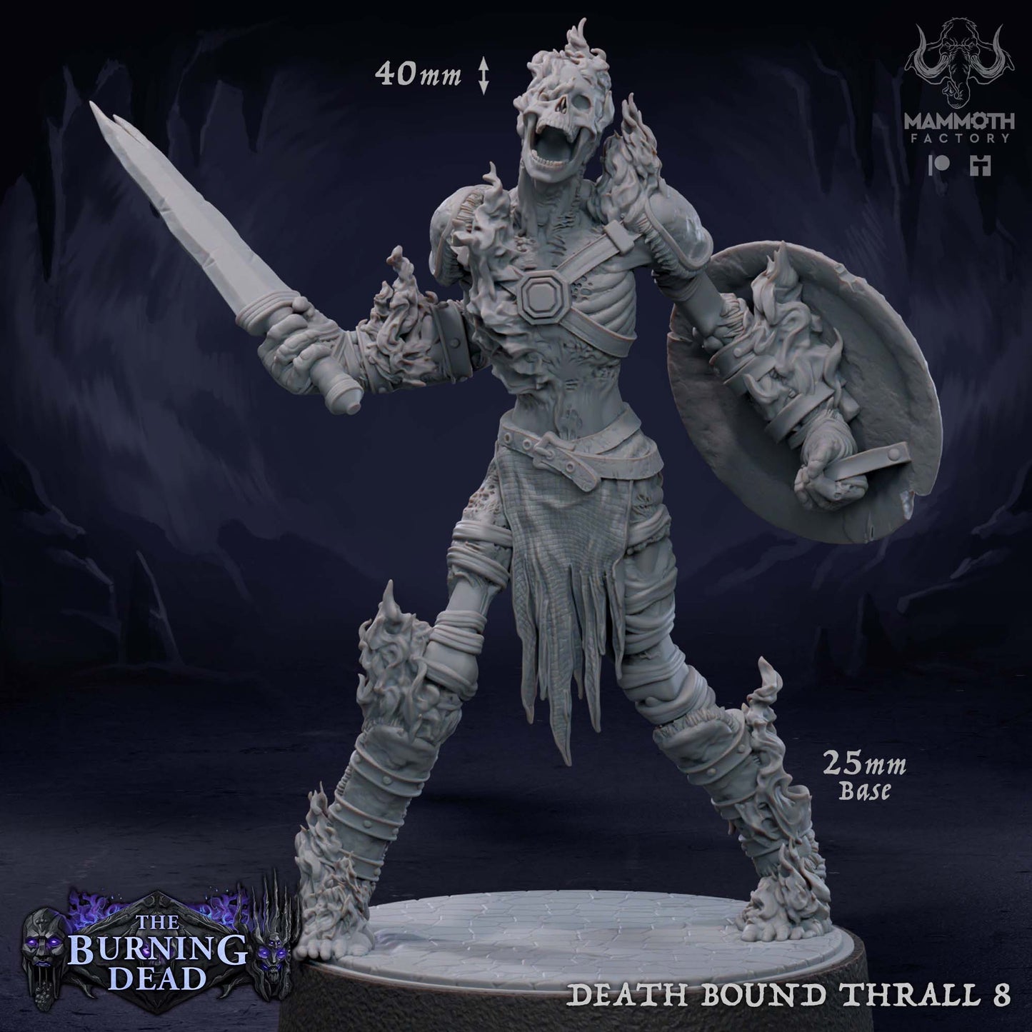 Image shows a 3D render of a flaming skeleton warrior gaming miniature.