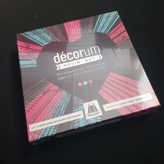 Image shows the front cover of the box of the Movin' Out expansion for the board game Decorum