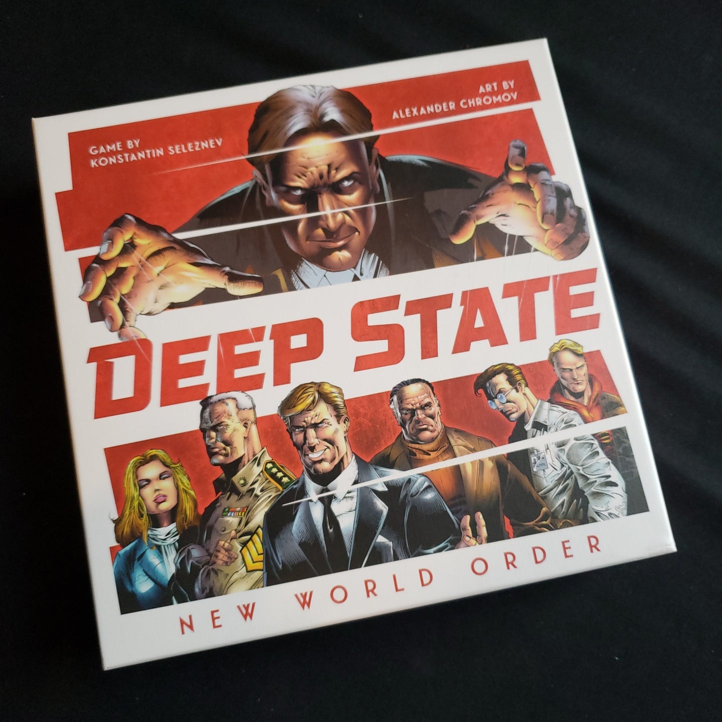 Image shows the front cover of the box of the Deep State: New World Order board game