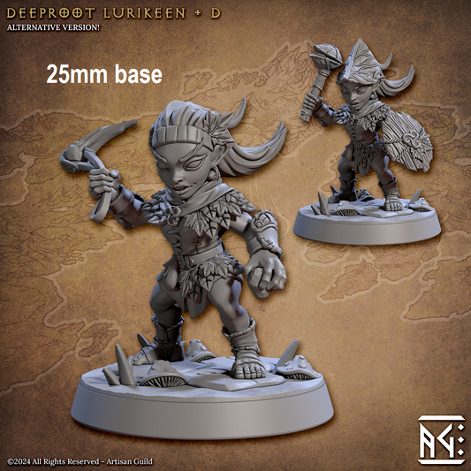 Image shows 3D renders for two options for a woodland gnome gaming miniature, one with a hammer made from an acorn & shield wearing a leaf hat, and one with a sling & a stone