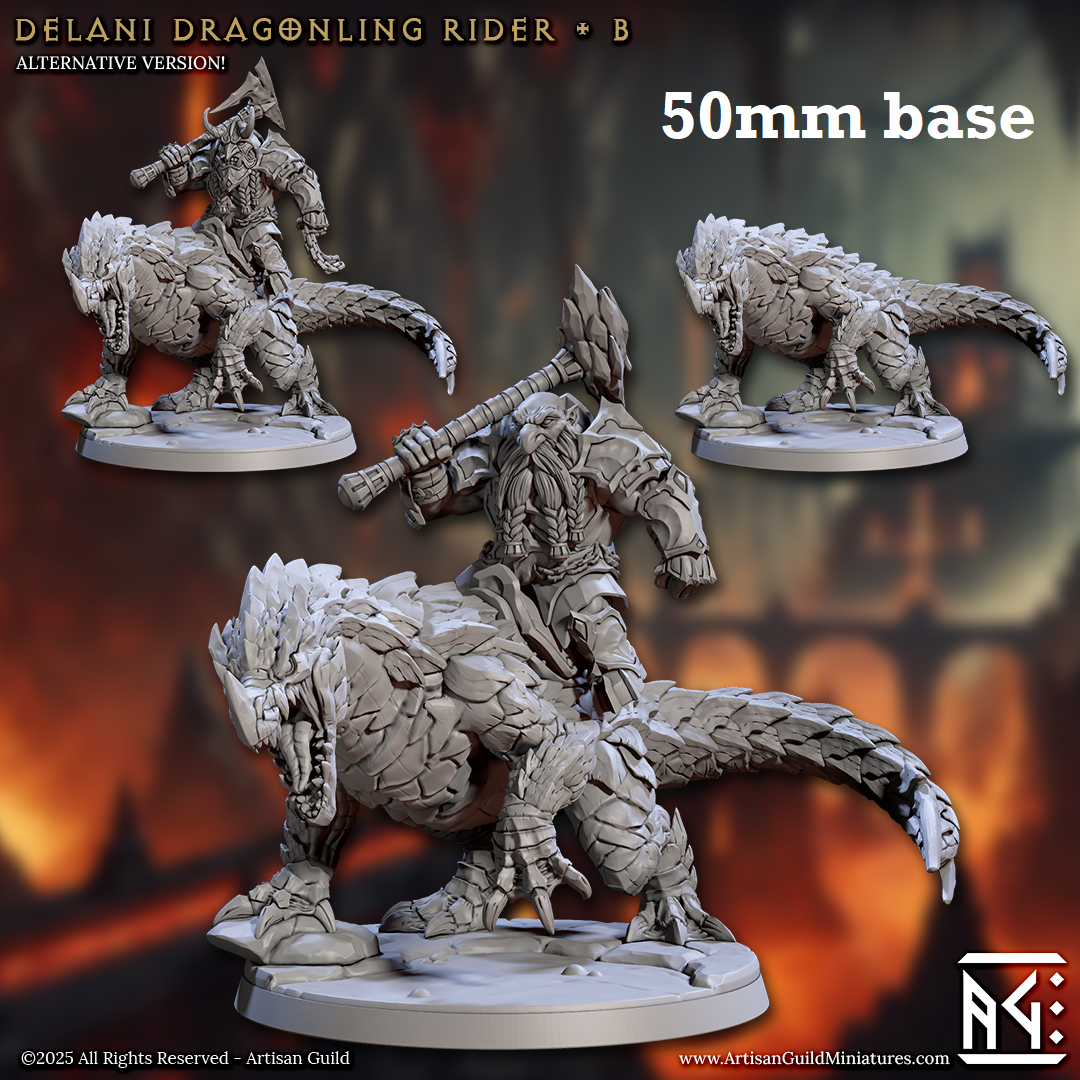 Image shows 3D renders of two sculpt options for a dwarf dragonrider cavalry gaming miniature.