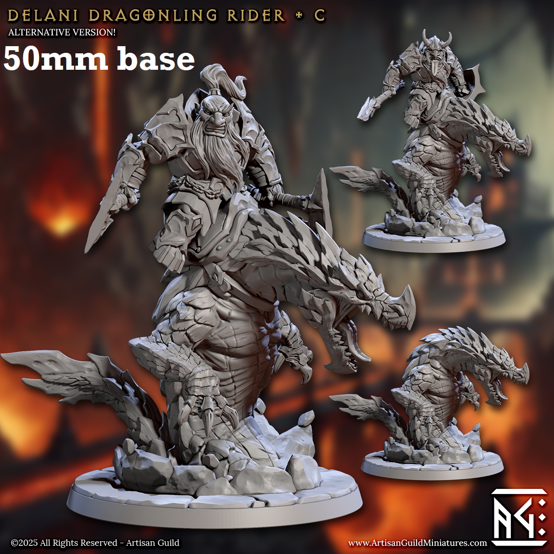 Image shows 3D renders of two sculpt options for a dwarf dragonrider cavalry gaming miniature.