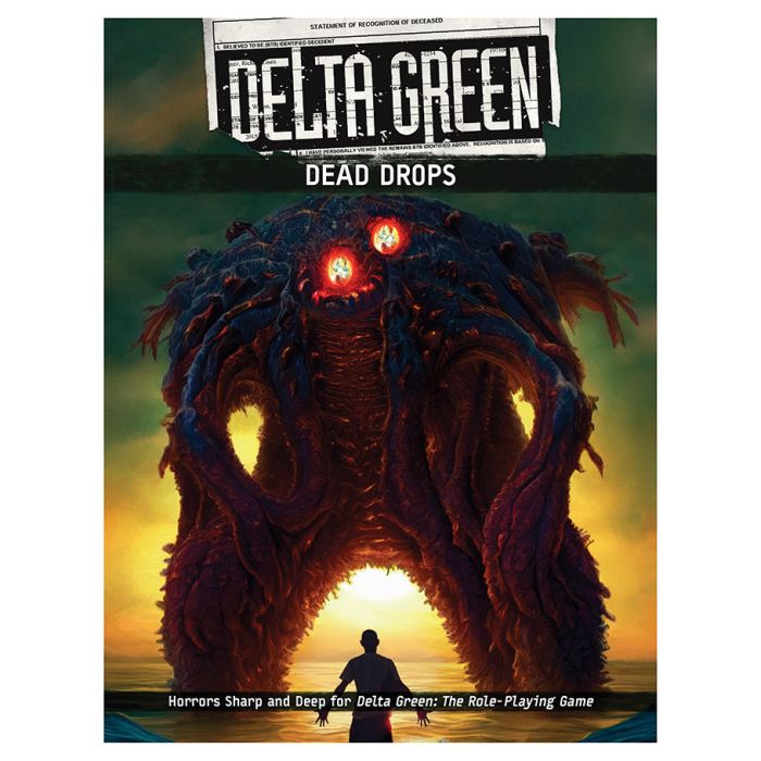 Image shows the front cover of the Dead Drops book for the Delta Green roleplaying game