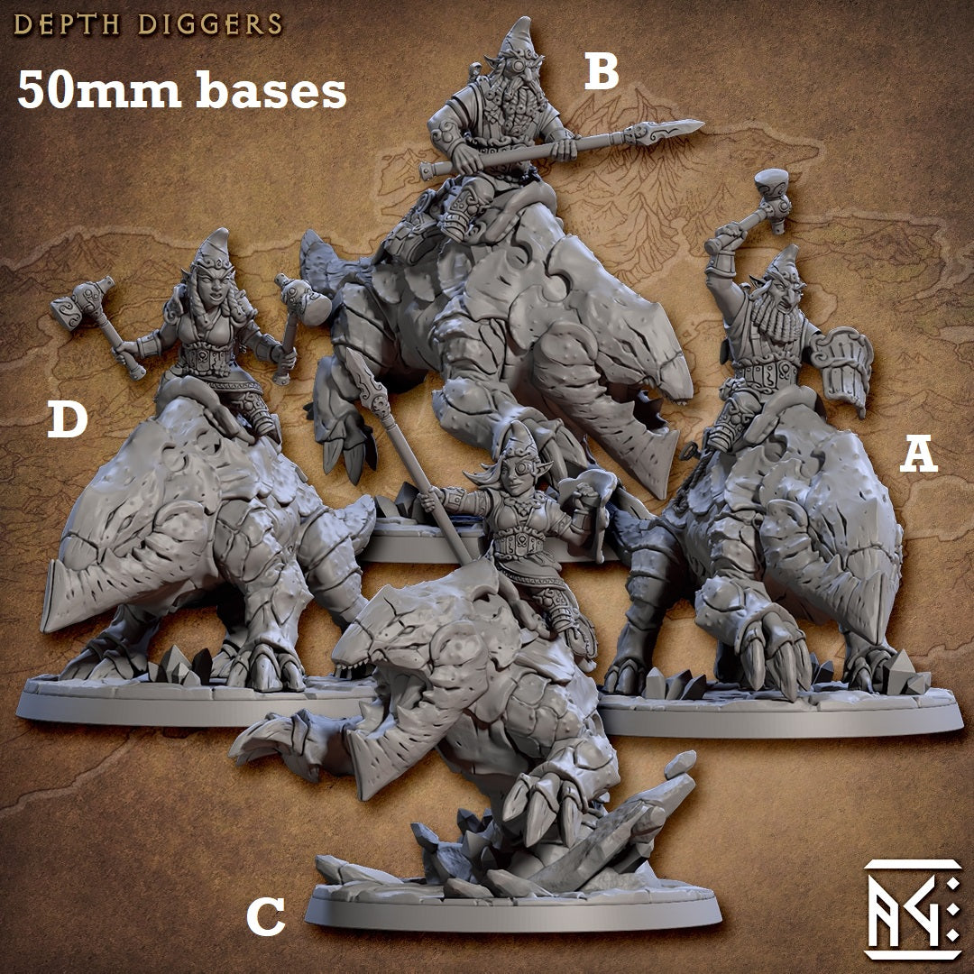 Image shows 3D renders for four different sculpt options of a tunneling beast with gnome rider gaming miniature.