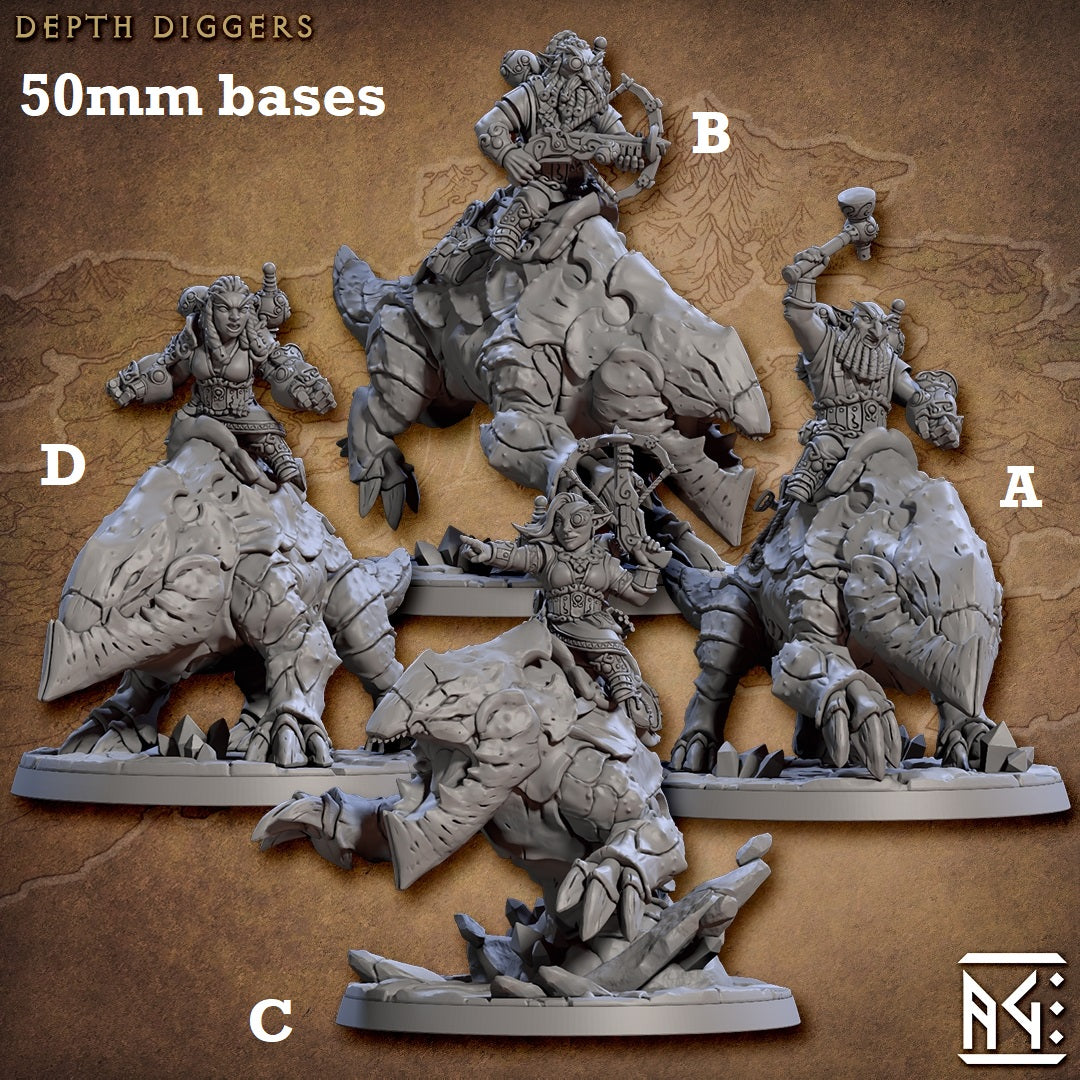 Image shows 3D renders for four different sculpt options of a tunneling beast with gnome rider gaming miniature.