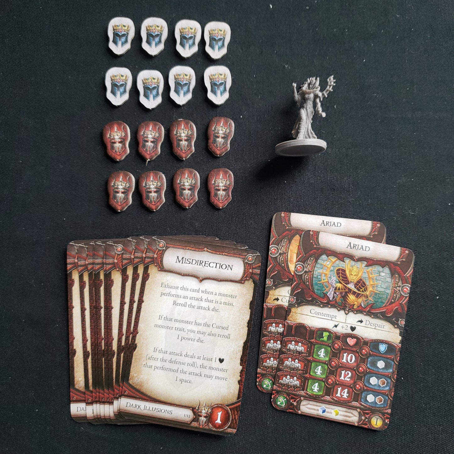 Image shows the components for the Ariad Lieutenant Pack expansion for the board game Descent: Journeys in the Dark Second Edition