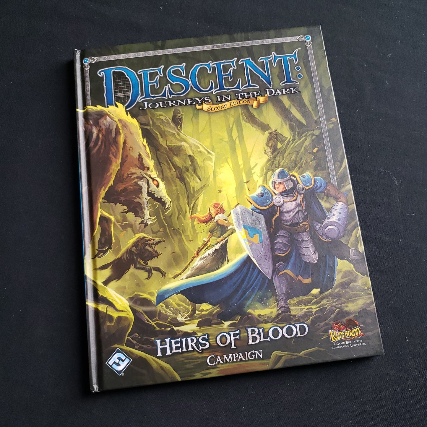 Image shows the front cover of the Heirs of Blood Campaign Book for the board game Descent: Journeys in the Dark Second Edition