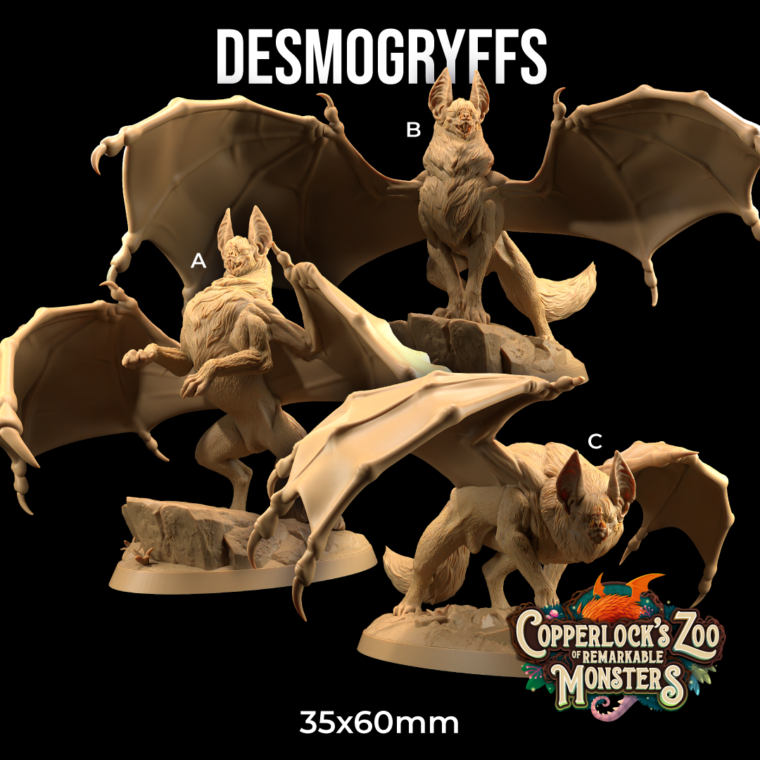 Image shows 3D renders for three different pose options for a gaming miniature that is a hybrid of a vampire bat and a wolf
