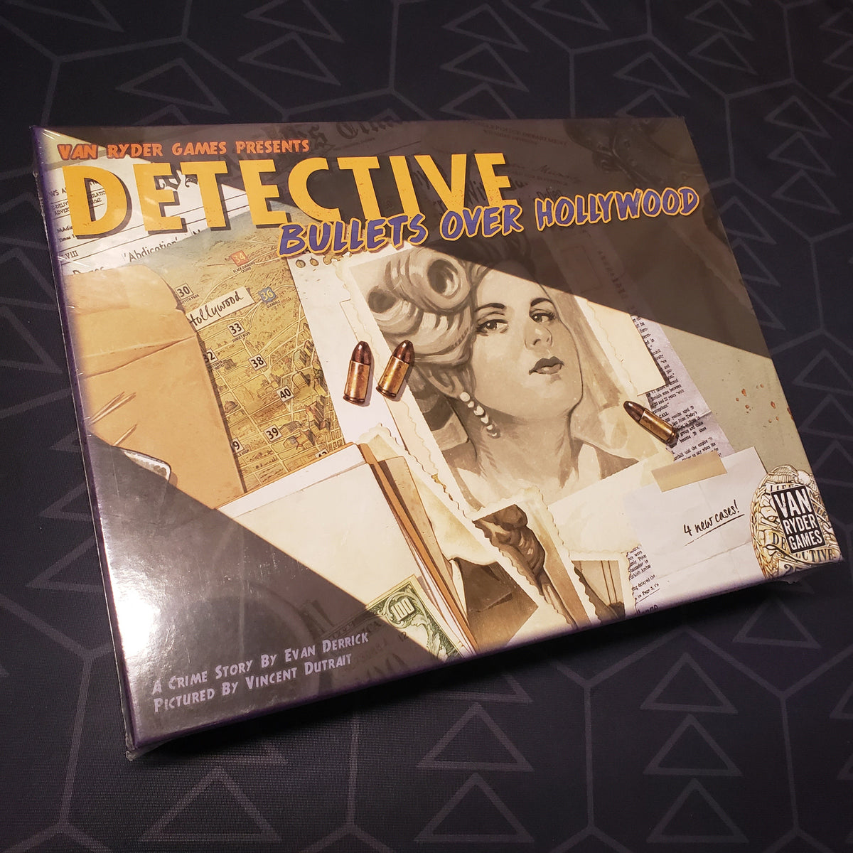 Image shows the front cover of the box of the Bullets Over Hollywood expansion for the board game Detective: City of Angels