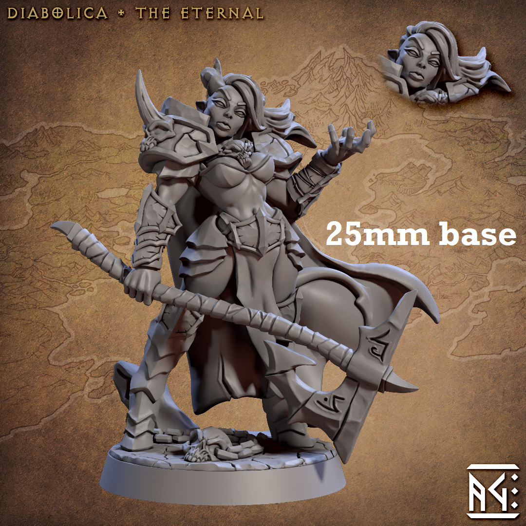 Image shows 3D renders of two sculpt options for a tiefling barbarian gaming miniature.