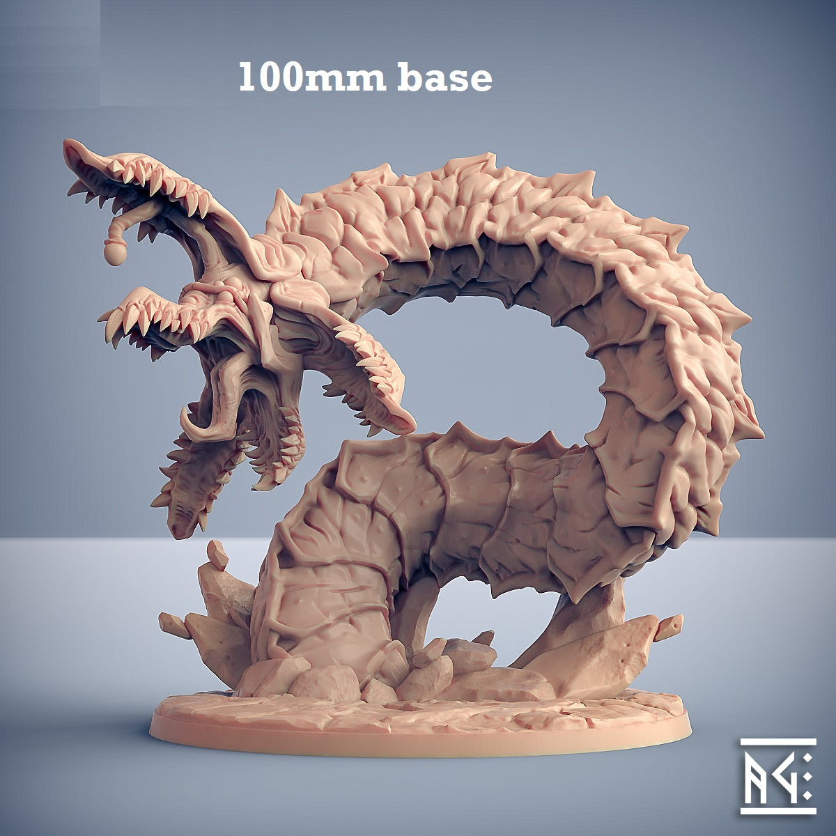 Image shows a 3D render of a huge sandworm gaming miniature