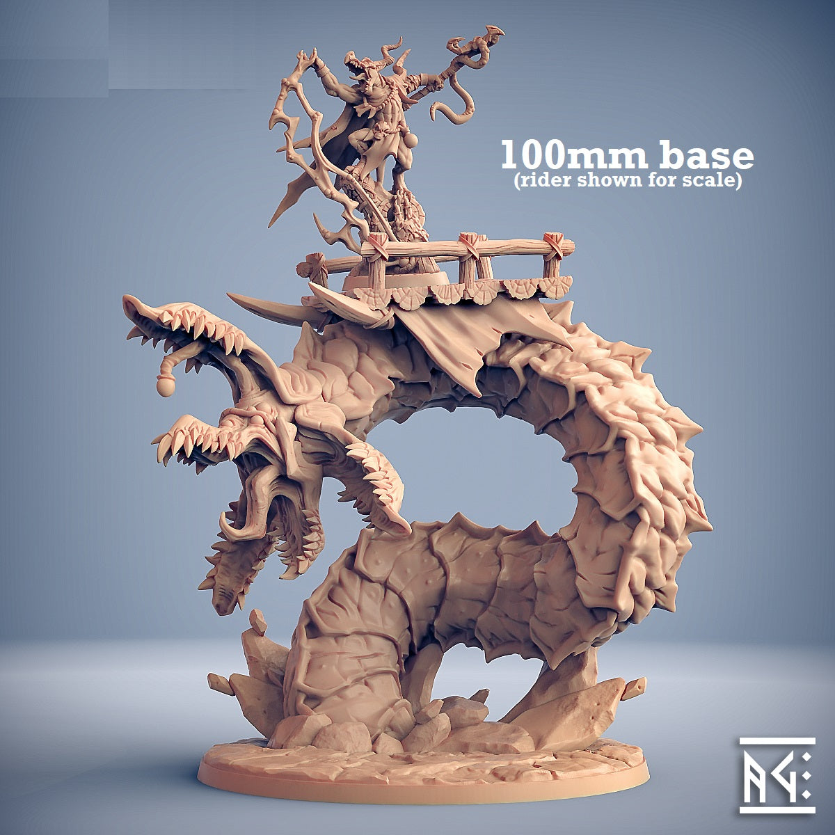 Image shows a 3D render of a huge sandworm gaming miniature with a platform on its back and a kobold sorcerer on the platform