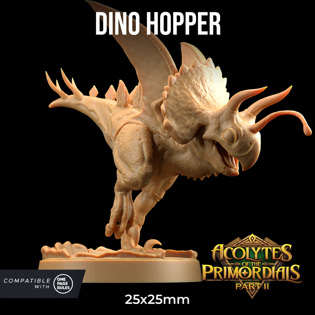 Image shows an 3D render of a triceratops fairy gaming miniature