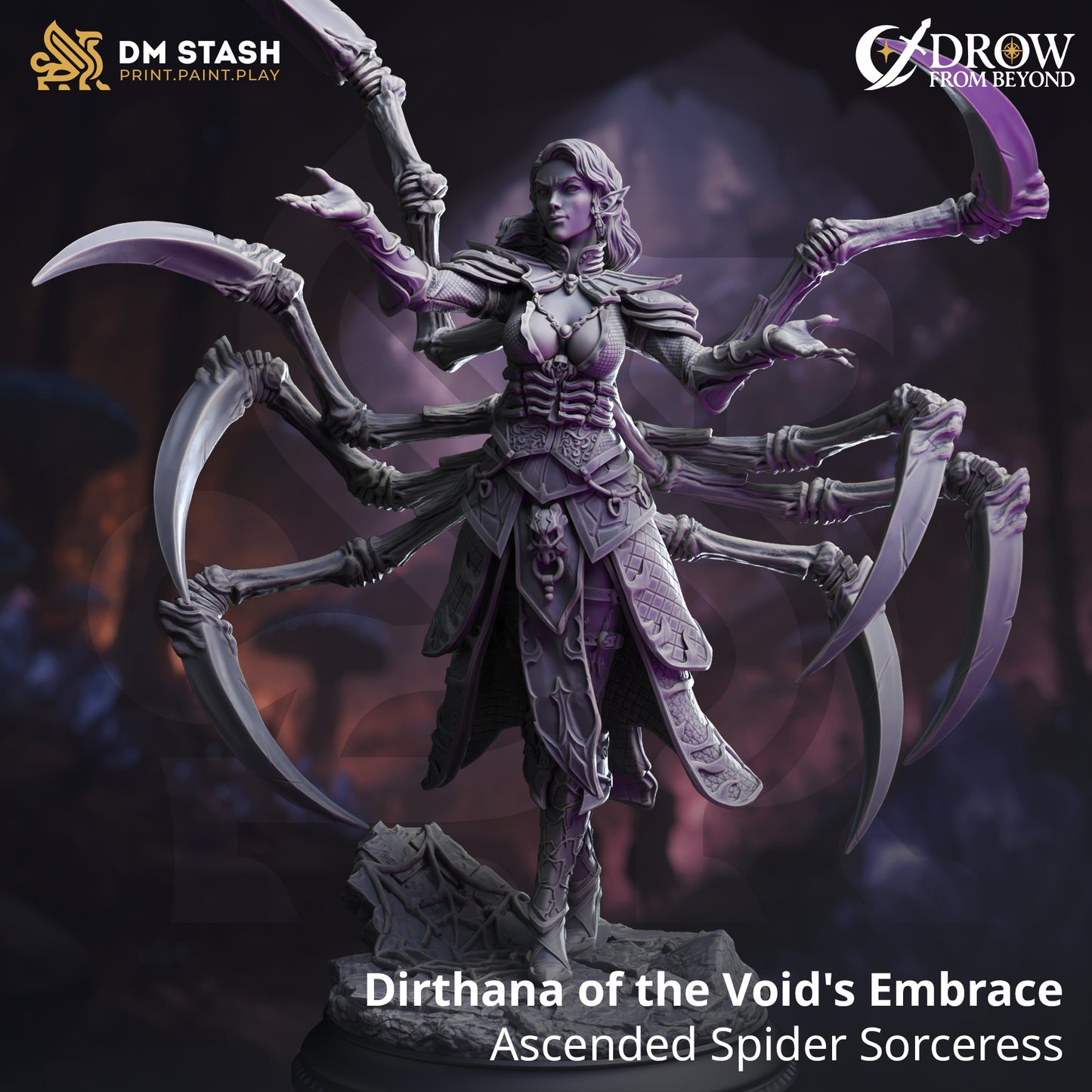 Image shows a 3D render of a drow sorceress gaming miniature with spider legs coming out of her back