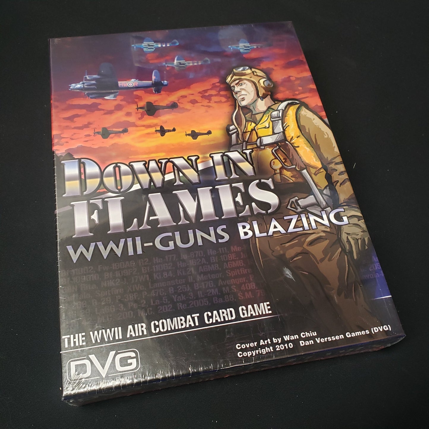 Image shows the front cover of the box of the Down in Flames: WWII-Guns Blazing board game