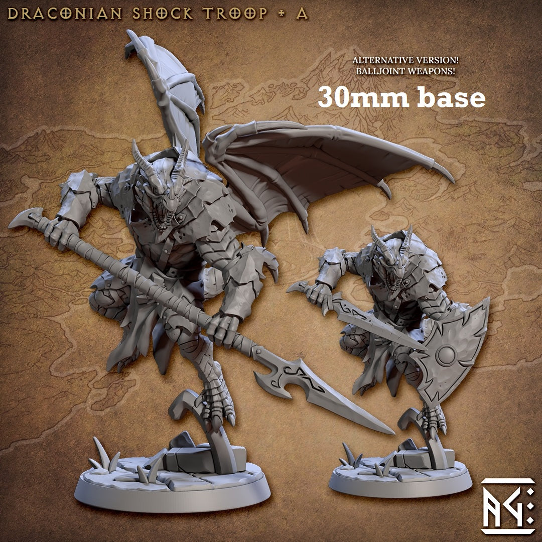 Image shows 3D renders of two sculpt options for a dragonborn warrior gaming miniature.